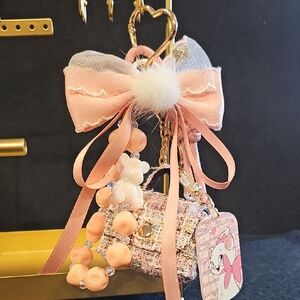 Pink Bow Keychain with Micro Bagcharm